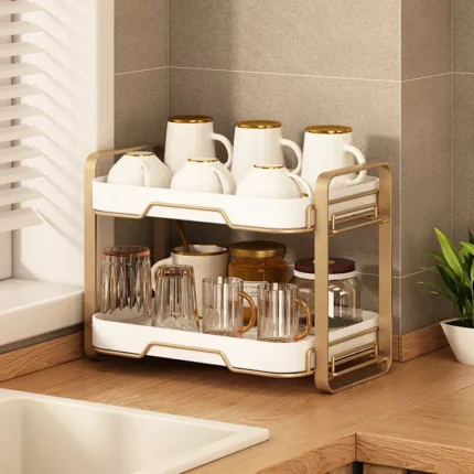 2 tier countertop white dish rack with gold color frame storage space