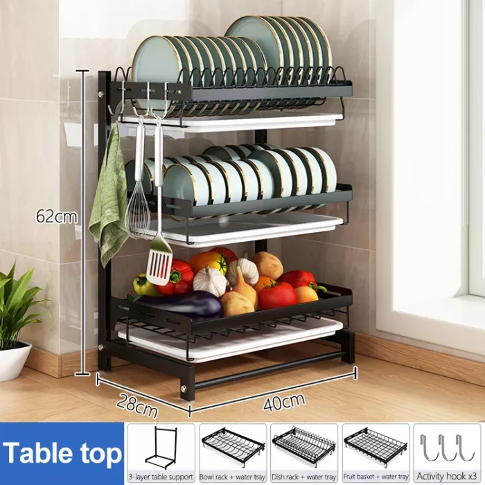kitchen dish rack 3 tier countertop top with spoon and cutting board holder, and water with replaceable water drain tray