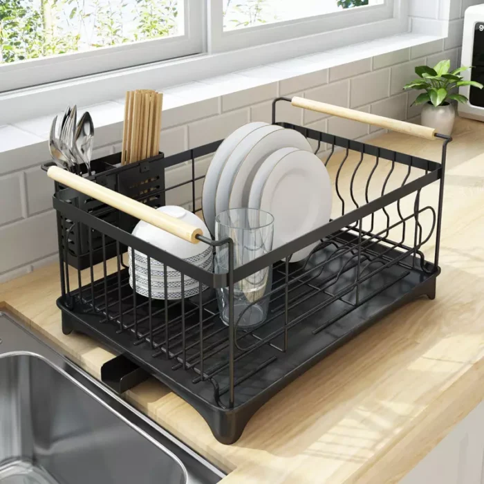 DISH DRYING RACK WITH DISH DRAIN TRAY, KITCHEN SINK ORGANIZER, COUNTERTOP PLATE RACK