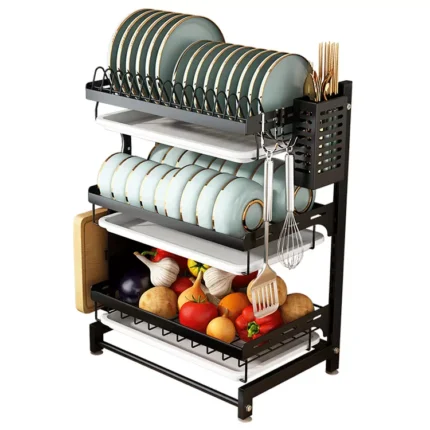 kitchen dish rack 3 tier countertop top with spoon and cutting board holder, and water with replaceable water drain tray