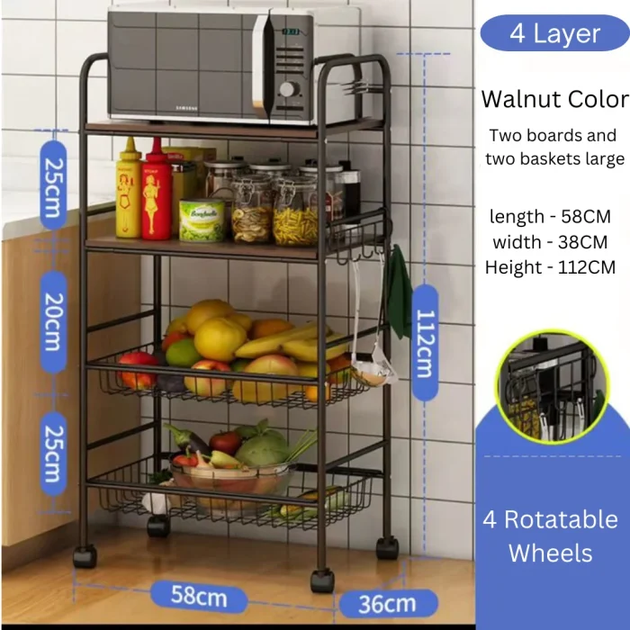 4 tier basket storage shelf rack with rotatable wheels