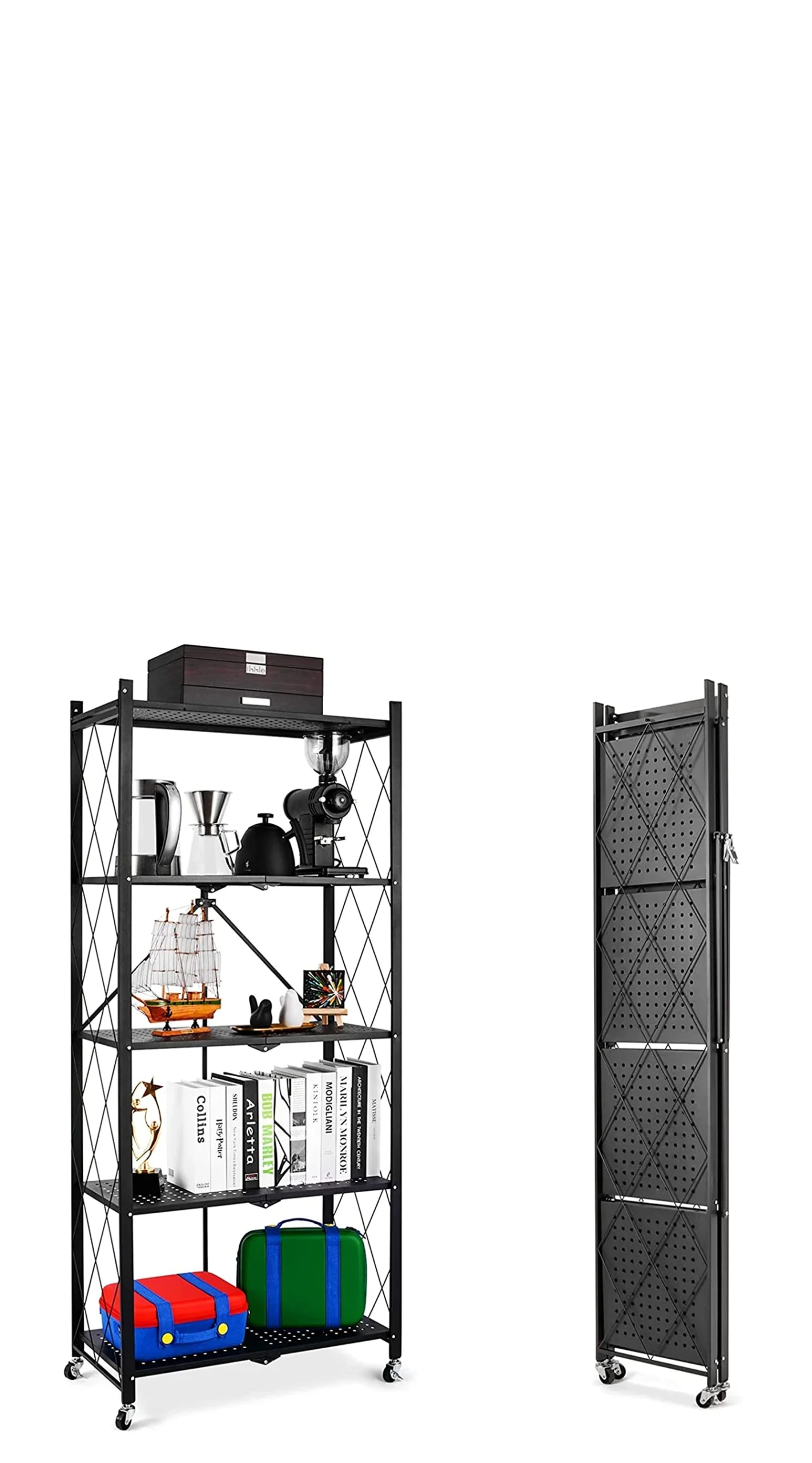 5 tier foldable shelf storage rack with 360 rotatable wheels with. black carbon coated paint home shelf storage solution