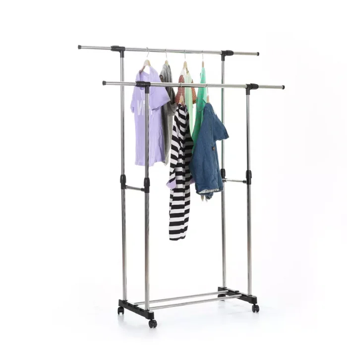 Double pole cloth rack height adjustable with rotatable wheels and retractable