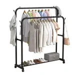 double pole curved cloth rack with hanging hooks and rotatable wheels