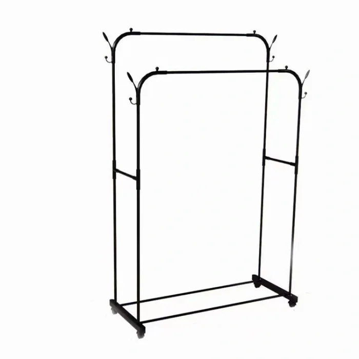 double pole curved cloth rack with hanging hooks and rotatable wheels