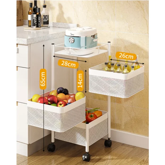 3 tier revolving square shape storage cart with rotatable wheels white color