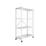 4 tier foldable shelf storage in white color in rotatable wheels