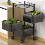 3 tier revolving square shape storage cart with rotatable wheels black color