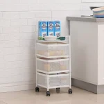 3 tier square shape revolving cart with rotatable wheels white colour