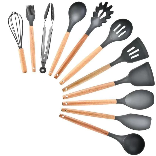 kitchen silicone spatula spoon set and utensil set in grey color
