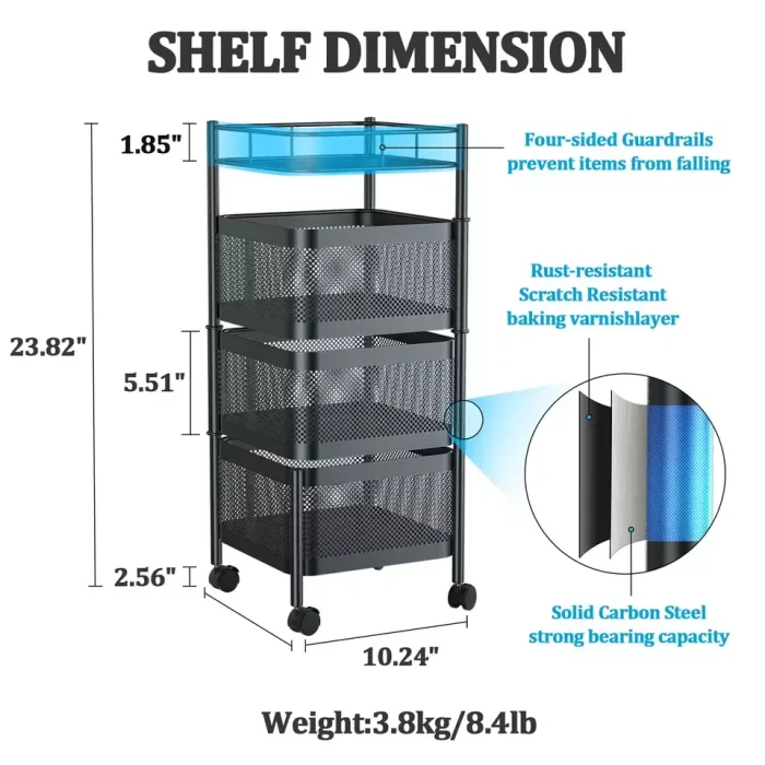 3 tier square shape revolving cart with rotatable wheels black color