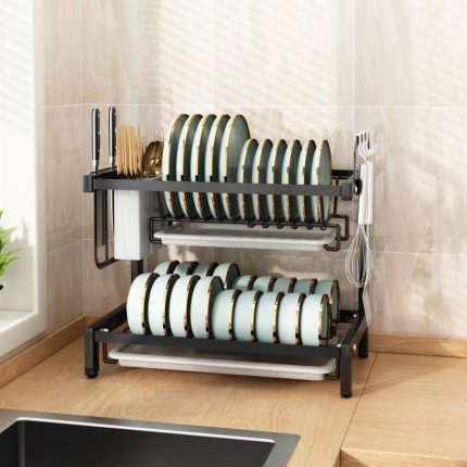 2 tier kitchen countertop dish drying rack with utensil holder