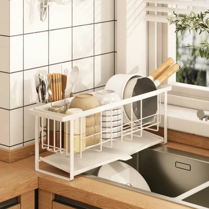 KITCHEN DISH RACK SLIM STYLE, WITH SPOON HOLDER & WATER DRAIN TRAY, WHITE COLOR