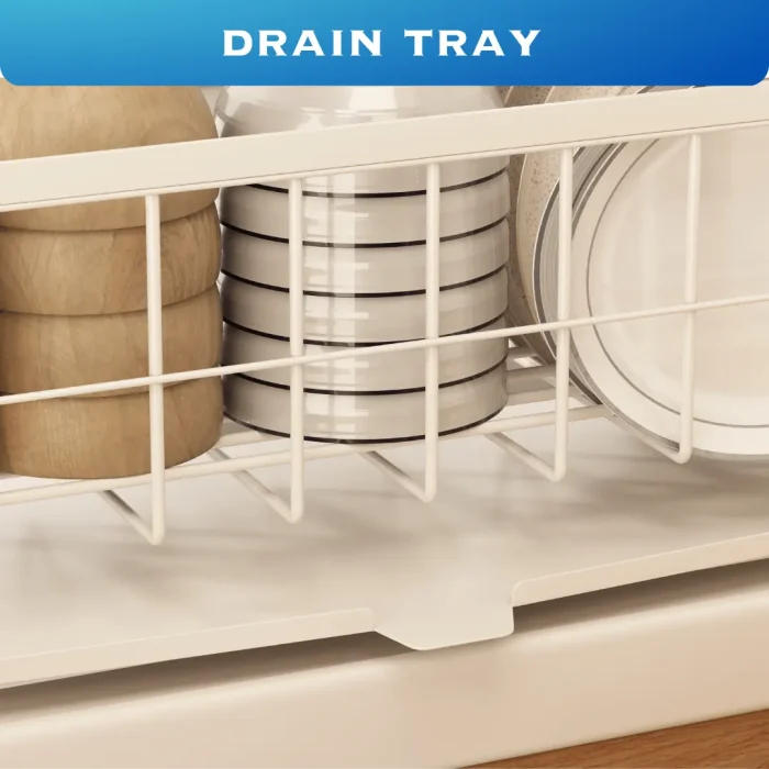 KITCHEN DISH RACK SLIM STYLE, WITH SPOON HOLDER & WATER DRAIN TRAY, WHITE COLOR