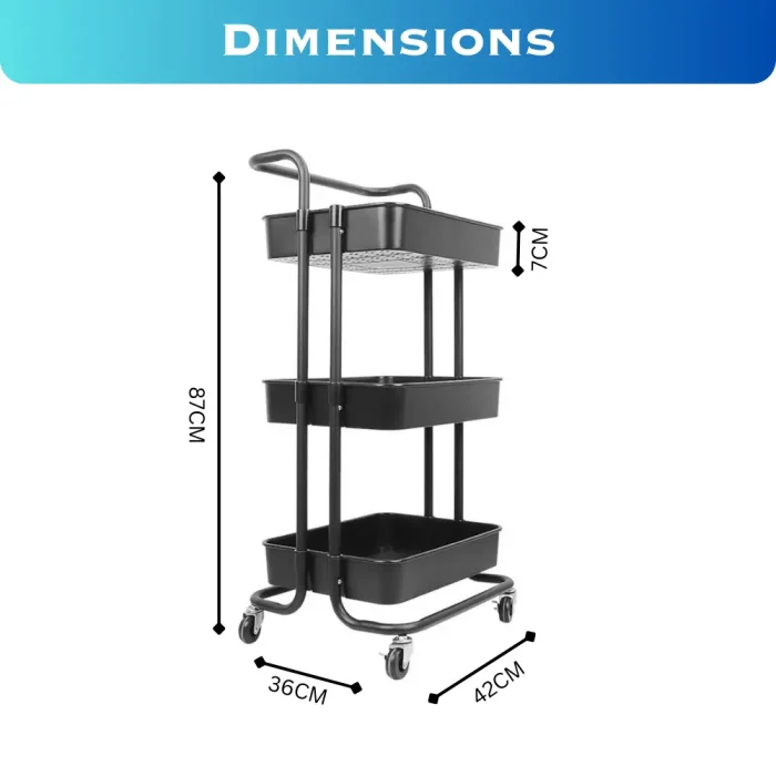 3 LAYER STORAGE TROLLEY, RACK WITH CASTOR WHEELS, ROLLING CART MEATAL TROLLEY, BLACK COLOR