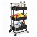 3 LAYER STORAGE TROLLEY, RACK WITH CASTOR WHEELS, ROLLING CART MEATAL TROLLEY, BLACK COLOR