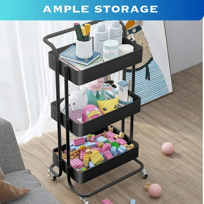 3 LAYER STORAGE TROLLEY, RACK WITH CASTOR WHEELS, ROLLING CART MEATAL TROLLEY, BLACK COLOR