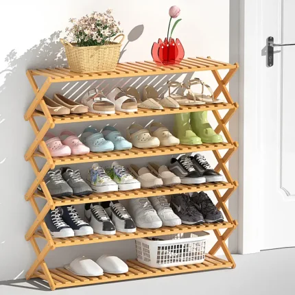 6 LAYER COLLAPSIBLE BAMBOO SHOE RACK, FOLDABLE SHOE RACK, BAMBOO SHOE RACK