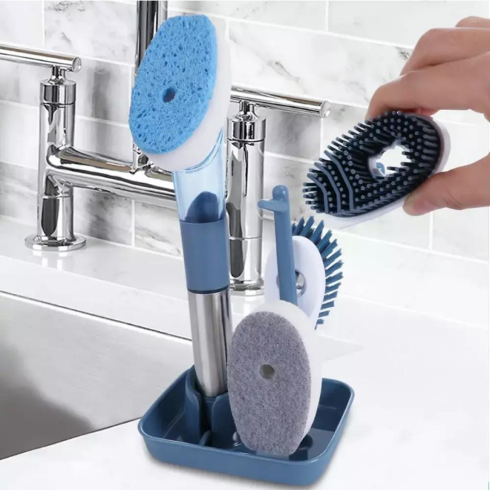 Kitchen cleaning brush with liquid dispenser with 4 different heads