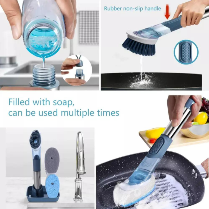 Kitchen cleaning brush with liquid dispenser with 4 different heads