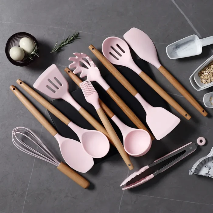pink colour silicone spoon set spatula spoon set utsensil set