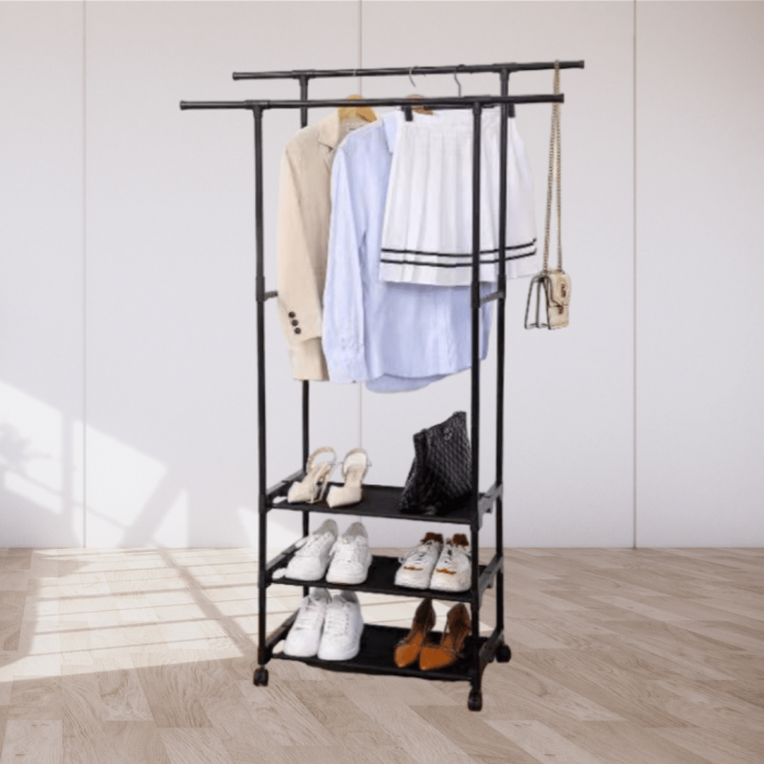 DOUBLE POLE SHOE AND CLOTH RACK WITH BOTTOM 3 LAYER STORAGE