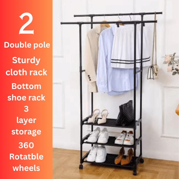 DOUBLE POLE SHOE AND CLOTH RACK WITH BOTTOM 3 LAYER STORAGE