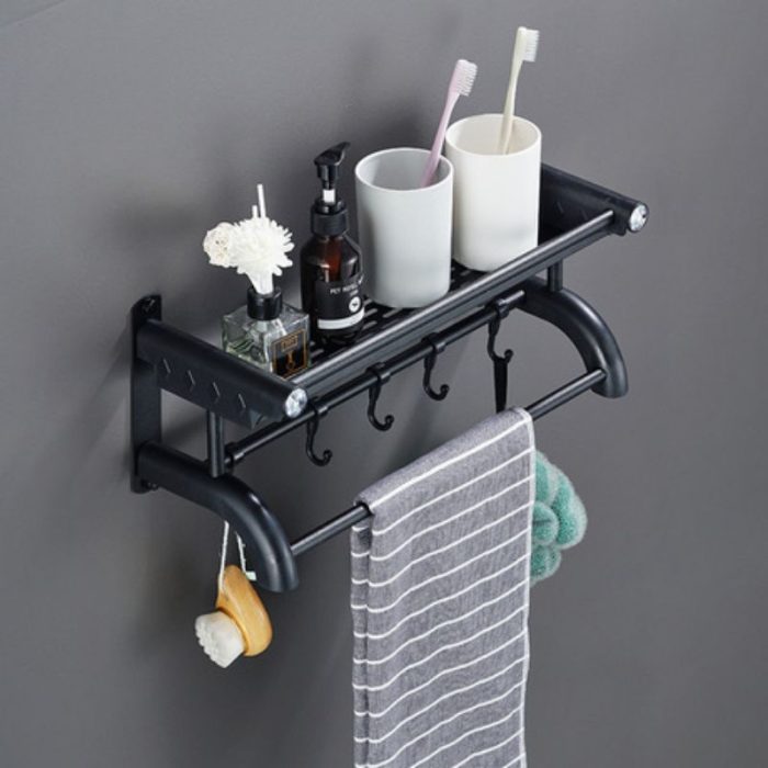 WALL MOUNT 2 LAYER BATHROOM RACK WITH BEND DESIGN TOWEL ROD, BATHROOM STORAGE ORGANIZER,BLACK POWDER COATED