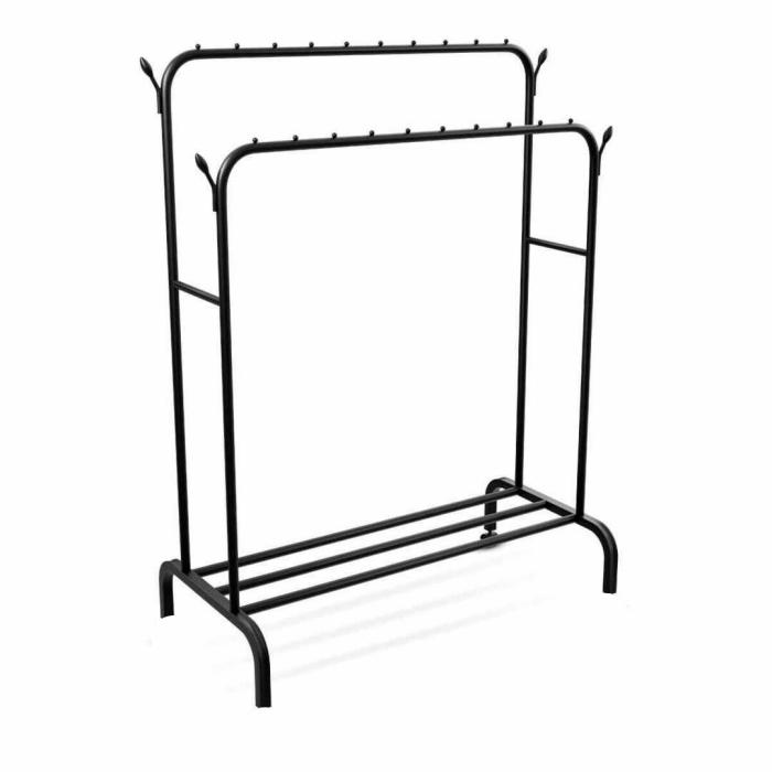 CLOTH RACK WITH DOUBLE POLE AND HOOKS, BOTTOM STORAGE LAYER CLOTH RACK, STEEL CLOTH RACK
