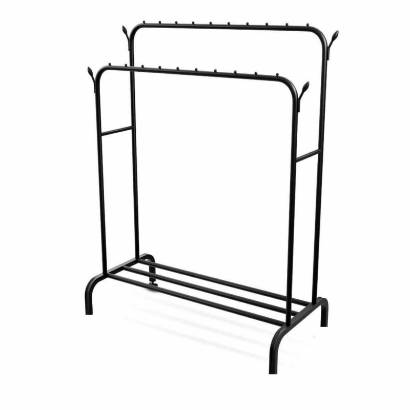 CLOTH RACK WITH DOUBLE POLE AND HOOKS, BOTTOM STORAGE LAYER CLOTH RACK, STEEL CLOTH RACK