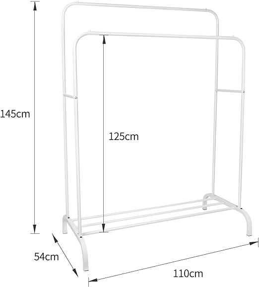 CLOTH RACK WITH DOUBLE POLE AND HOOKS, BOTTOM STORAGE LAYER CLOTH RACK, STEEL CLOTH RACK, WHITE COLOUR.