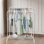 CLOTH RACK WITH DOUBLE POLE AND HOOKS, BOTTOM STORAGE LAYER CLOTH RACK, STEEL CLOTH RACK, WHITE COLOUR.