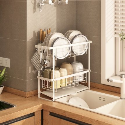 KITCHEN SLIM SHAPE 2 TIER PLATE AND BOWL RACK, KITCHEN SINK SPACE ORGANIZER, WITH WATER DRAIN BOTTOM, BLACK COLOUR
