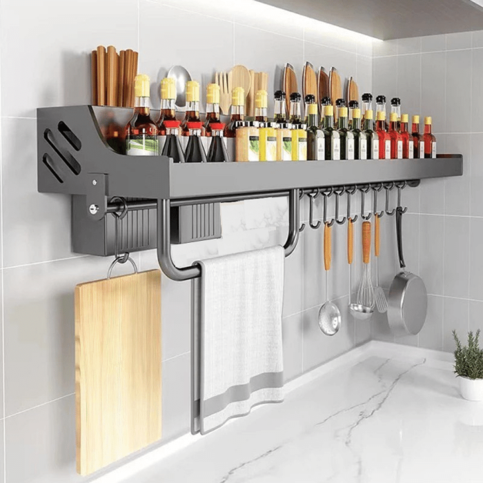 WALL MOUNT KITCHEN STORAGE RACK, KITCHEN SEASONING BOTTLE ORGANIZER AND KNIFE HOLDER, WITH TOWEL HANGER AND HOOKS