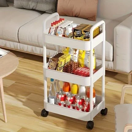 3 tier utility rolling cart, multifunctional rolling storage trolley, slim storage cart, white rolling cart, versatile storage cart UAE, mobile kitchen cart, portable office storage, bathroom storage trolley UAE, rolling cart with wheels, white storage cart UAE, office organization trolley, space-saving rolling cart, modern storage solutions UAE, rolling cart for home, rolling storage cart with wheels, kitchen organizer trolley, rackstore.ae