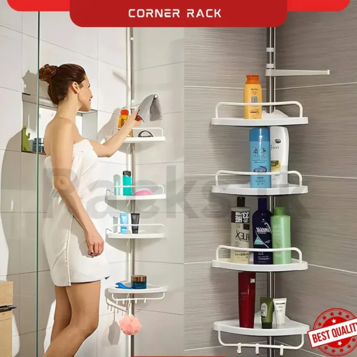 4-LAYER BATHROOM CORNER STORAGE RACK WITH TOWEL HOLDER – WALL-MOUNTED SPACE-SAVING ORGANIZER