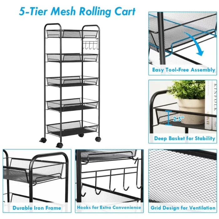 5 Tier Rolling Cart, Kitchen Storage Utility Cart, Multifunctional Basket Stand, Kitchen Storage Rack, Bathroom Storage Cart, Rolling Storage Cart, Metal Mesh Storage Cart, Home Organization Cart, Black Rolling Cart, 5 Layer Storage Rack, Kitchen Storage Trolley, Rolling Basket Stand, Office Storage Cart, Easy Assembly Storage Cart, Lockable Wheels Storage Cart, Versatile Storage Cart, Durable Rolling Cart, Metal Trolley, Modern Storage Solutions, Space Saving Cart, Practical Storage Organizer, Easy to Clean Storage Cart