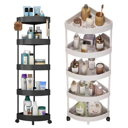 5-tier corner storage rack, corner organizer with wheels, space-saving storage rack, multi-purpose storage stand, bathroom organizer with wheels, kitchen storage rack, bedroom storage stand, garage storage rack, non-rust storage rack, plastic corner rack, compact storage solution, easy assembly storage rack, mobile storage organizer, modern design storage rack, white corner rack, black corner storage, rotatable storage stand, space-efficient organizer, corner organizer for small spaces, durable plastic storage rack, home storage solution, rotatable wheels storage.