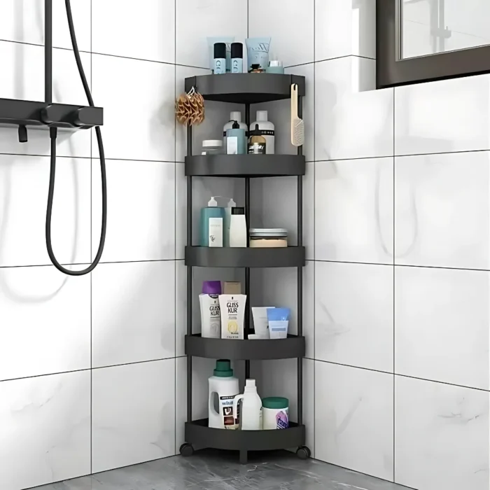 5-tier corner storage rack, corner organizer with wheels, space-saving storage rack, multi-purpose storage stand, bathroom organizer with wheels, kitchen storage rack, bedroom storage stand, garage storage rack, non-rust storage rack, plastic corner rack, compact storage solution, easy assembly storage rack, mobile storage organizer, modern design storage rack, white corner rack, black corner storage, rotatable storage stand, space-efficient organizer, corner organizer for small spaces, durable plastic storage rack, home storage solution, rotatable wheels storage.