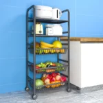 5 TIER BASKET STORAGE SHELF, STEEL BASE LAYER  MICROWAVE CART, TROLLEY ROTATABLE WHEELS