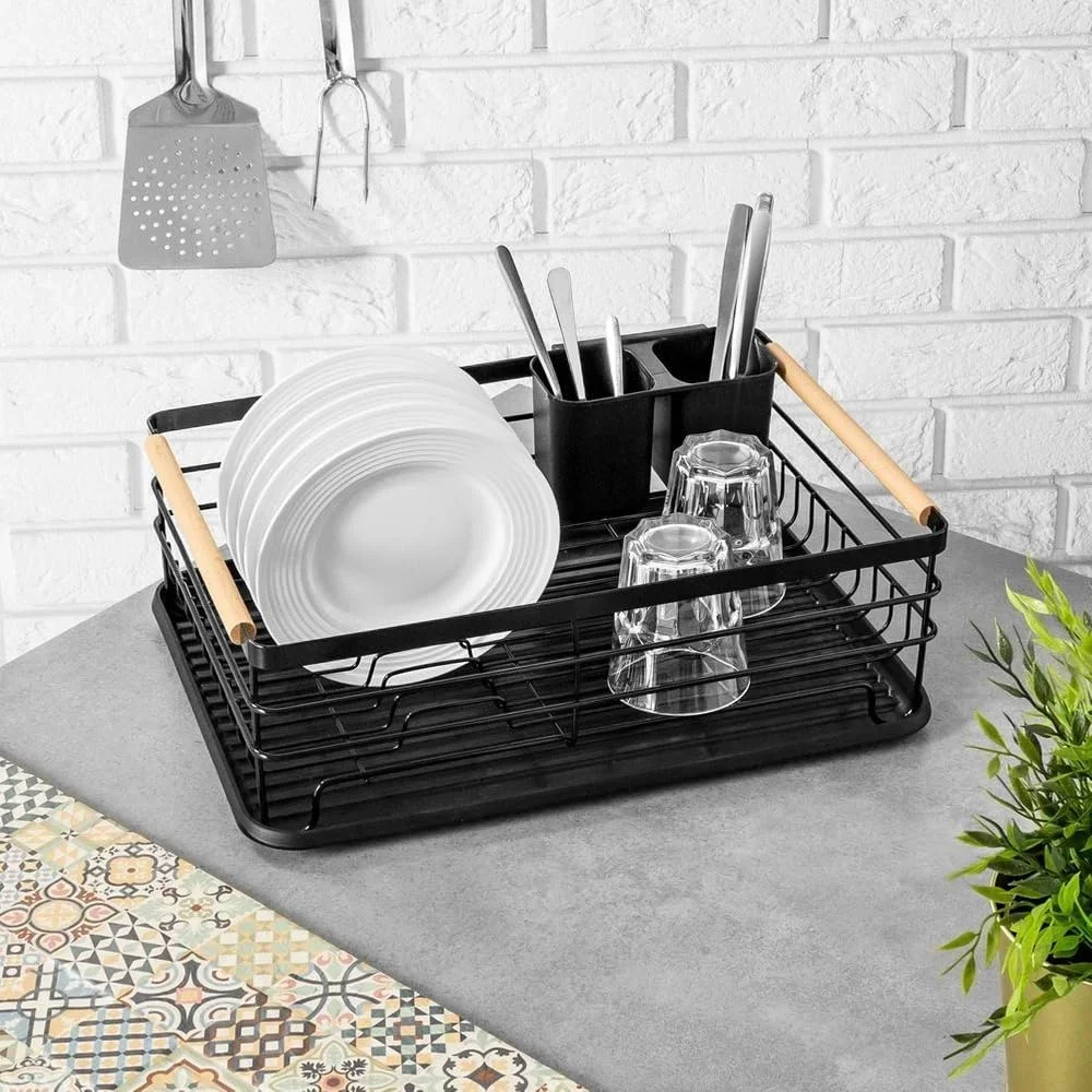 Modern Dish Drying Rack with Wooden Handle, Chopstick Spoon Holder –  Water Drain Tray