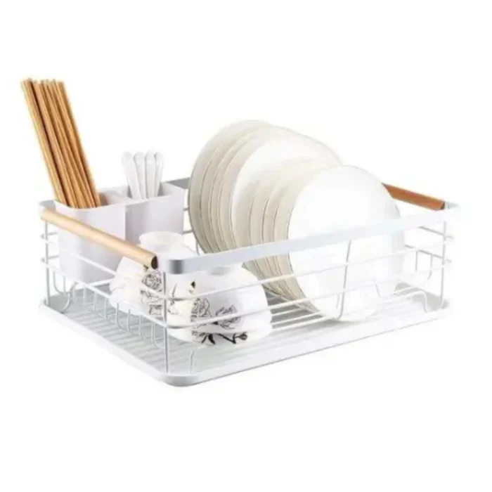 Modern dish drying rack, Wooden handle dish rack, Stylish kitchen dish rack, Versatile dish rack, Chopstick holder dish rack, Spoon holder dish rack, Water drain tray dish rack, Sturdy dish drying rack, Space-saving dish rack, Kitchen drying rack with wheels, Easy to clean dish rack, Durable dish drying rack, Kitchen countertop organizer, Compact dish rack, Rotatable dish rack, Kitchen storage solutions.