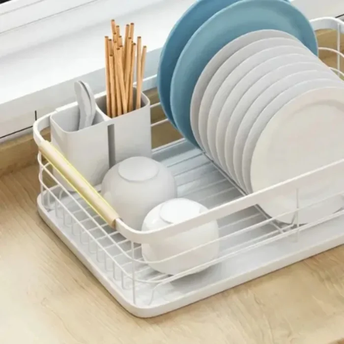 Modern dish drying rack, Wooden handle dish rack, Stylish kitchen dish rack, Versatile dish rack, Chopstick holder dish rack, Spoon holder dish rack, Water drain tray dish rack, Sturdy dish drying rack, Space-saving dish rack, Kitchen drying rack with wheels, Easy to clean dish rack, Durable dish drying rack, Kitchen countertop organizer, Compact dish rack, Rotatable dish rack, Kitchen storage solutions.