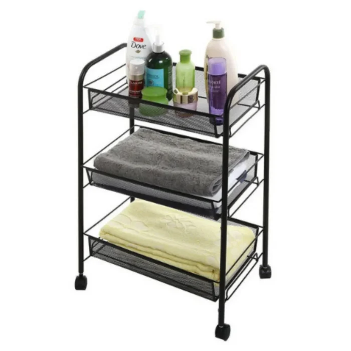 3 tier rolling cart, kitchen storage cart, bathroom storage cart, metal mesh rolling cart, kitchen organizer, bathroom organizer, multifunctional rolling cart, utility cart with wheels, full metal storage cart, rolling storage trolley, space-saving kitchen cart, storage cart for office, easy assembly rolling cart, versatile storage cart, lockable wheels cart, mesh wire storage rack, home organization cart, rackstore.ae, best place to buy storage cart UAE, kitchen multifunction cart UAE.