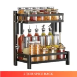 2 layer countertop spice rack, kitchen spice rack organizer, black spice rack shelf, countertop kitchen rack, metal spice rack, condiment shelf, spice organizer UAE, rackstore.ae
