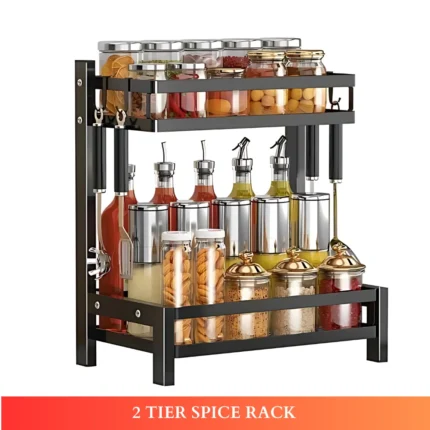 2 layer countertop spice rack, kitchen spice rack organizer, black spice rack shelf, countertop kitchen rack, metal spice rack, condiment shelf, spice organizer UAE, rackstore.ae