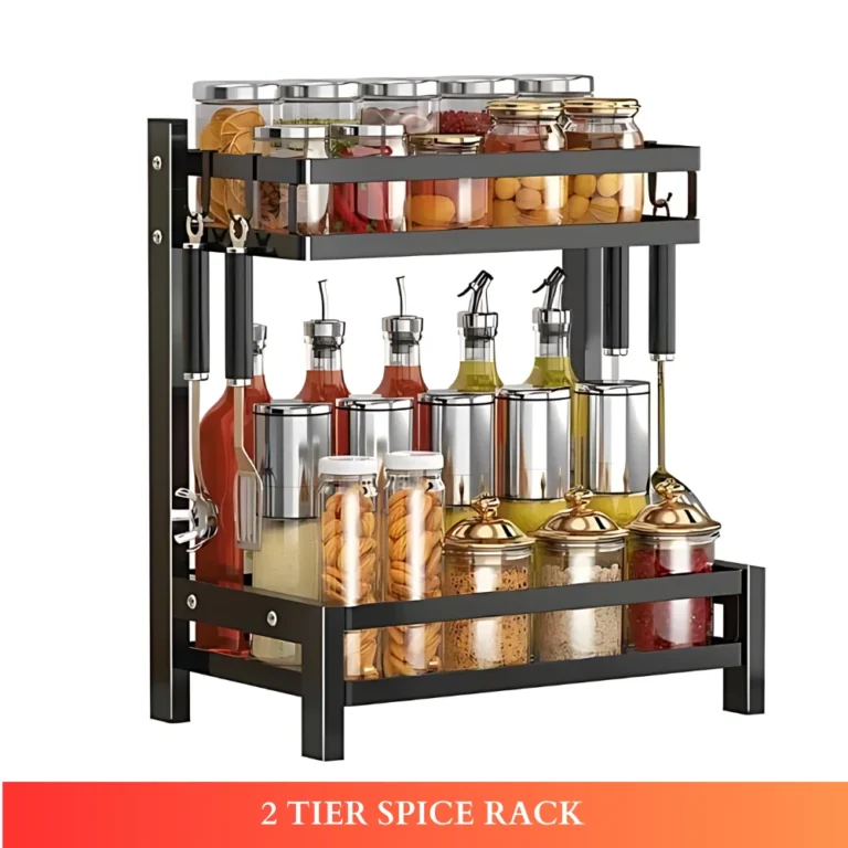 2 layer countertop spice rack, kitchen spice rack organizer, black spice rack shelf, countertop kitchen rack, metal spice rack, condiment shelf, spice organizer UAE, rackstore.ae