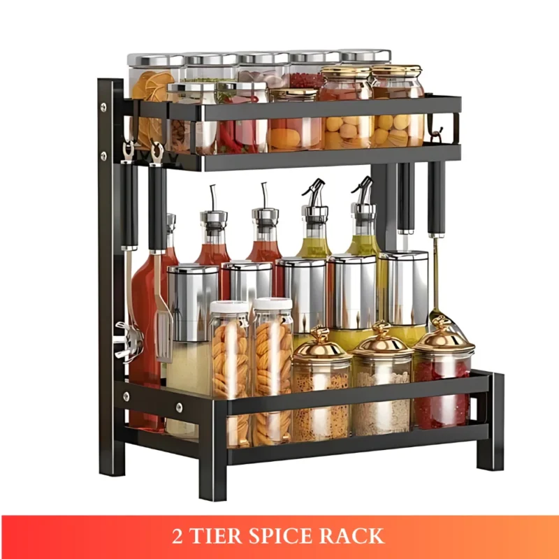 2 layer countertop spice rack, kitchen spice rack organizer, black spice rack shelf, countertop kitchen rack, metal spice rack, condiment shelf, spice organizer UAE, rackstore.ae