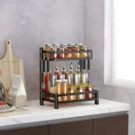 2 layer countertop spice rack, kitchen spice rack organizer, black spice rack shelf, countertop kitchen rack, metal spice rack, condiment shelf, spice organizer UAE, rackstore.ae