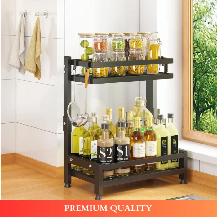 2 layer countertop spice rack, kitchen spice rack organizer, black spice rack shelf, countertop kitchen rack, metal spice rack, condiment shelf, spice organizer UAE, rackstore.ae